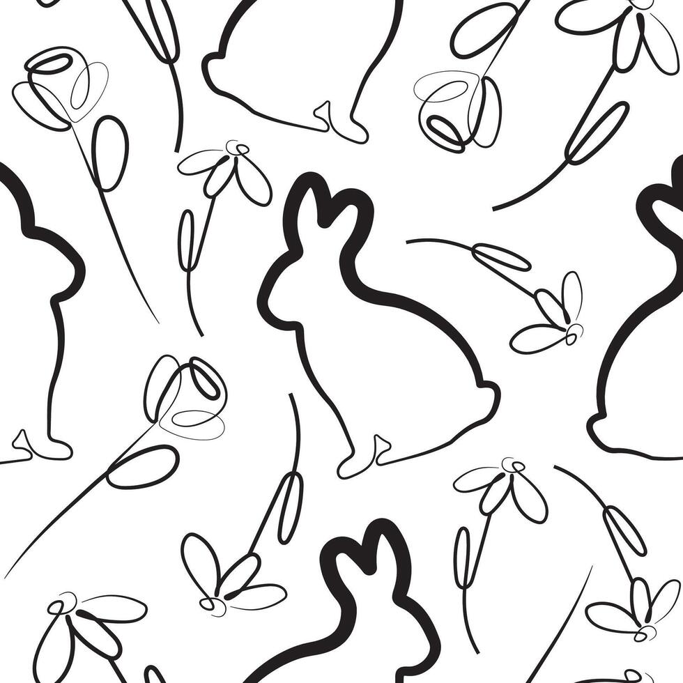 seamless pattern with easter bunny sitting on hind legs and different flowers in line art style arranged randomly, for logos and various designs vector