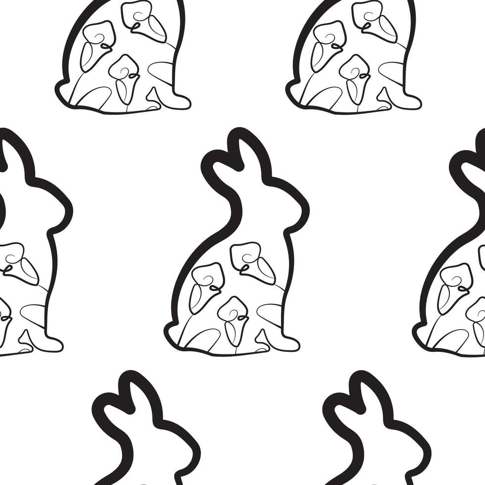 seamless pattern with an Easter bunny sitting on its hind legs and turned to the right on its paws and calla lily buds in line art style, for logos and various designs vector