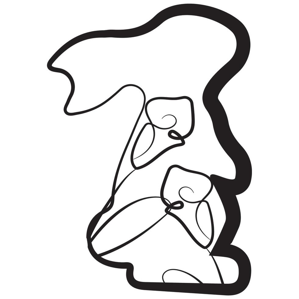simple icon of Easter bunny standing on hind legs with calla lily buds in line art style drawn with original outline, for logos and various designs vector