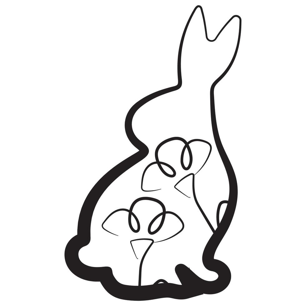simple icon of an Easter bunny sitting on its hind legs and turned to the right side with flower buds in line art style drawn with an original outline, for logos and various designs vector