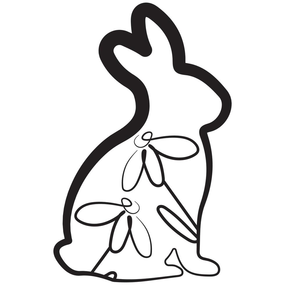 simple icon of Easter bunny sitting on hind legs with chamomile buds in line art style drawn with original outline, for logos and various designs vector