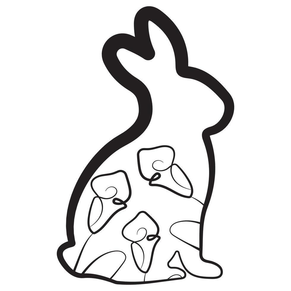 simple icon of Easter bunny sitting on hind legs with calla lily buds in line art style drawn with original outline, for logos and various designs vector