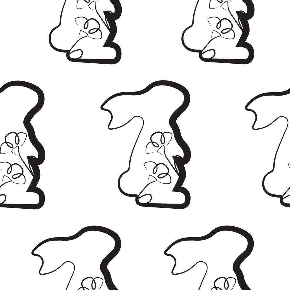 seamless pattern with an Easter bunny standing on its hind legs and turned to the right on its paws and flower buds in line art style, for logos and various designs vector