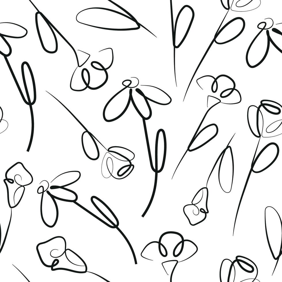 seamless pattern of various flowers drawn in line art style drawn with different contours arranged chaotically, for logos and various designs vector