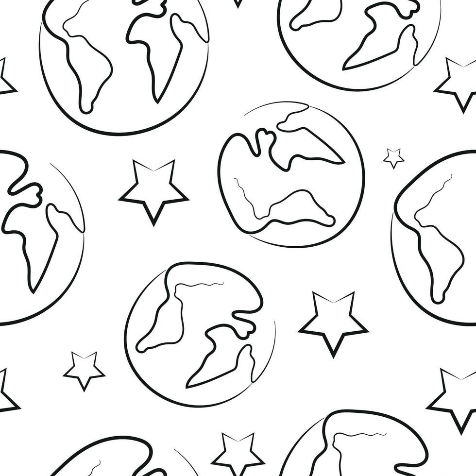 seamless pattern with simple icons of planet earth in line art style drawn with original contour arranged randomly, for logos and various designs vector