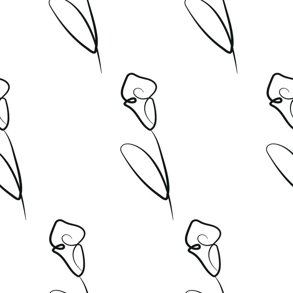 seamless pattern with calla lily flower icons from stems in line art style drawn with original outline, for logos, designs or ornaments vector