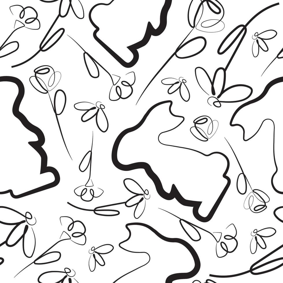 seamless pattern with easter bunny standing on hind legs and different flowers in line art style arranged chaotically, for logos and various designs vector