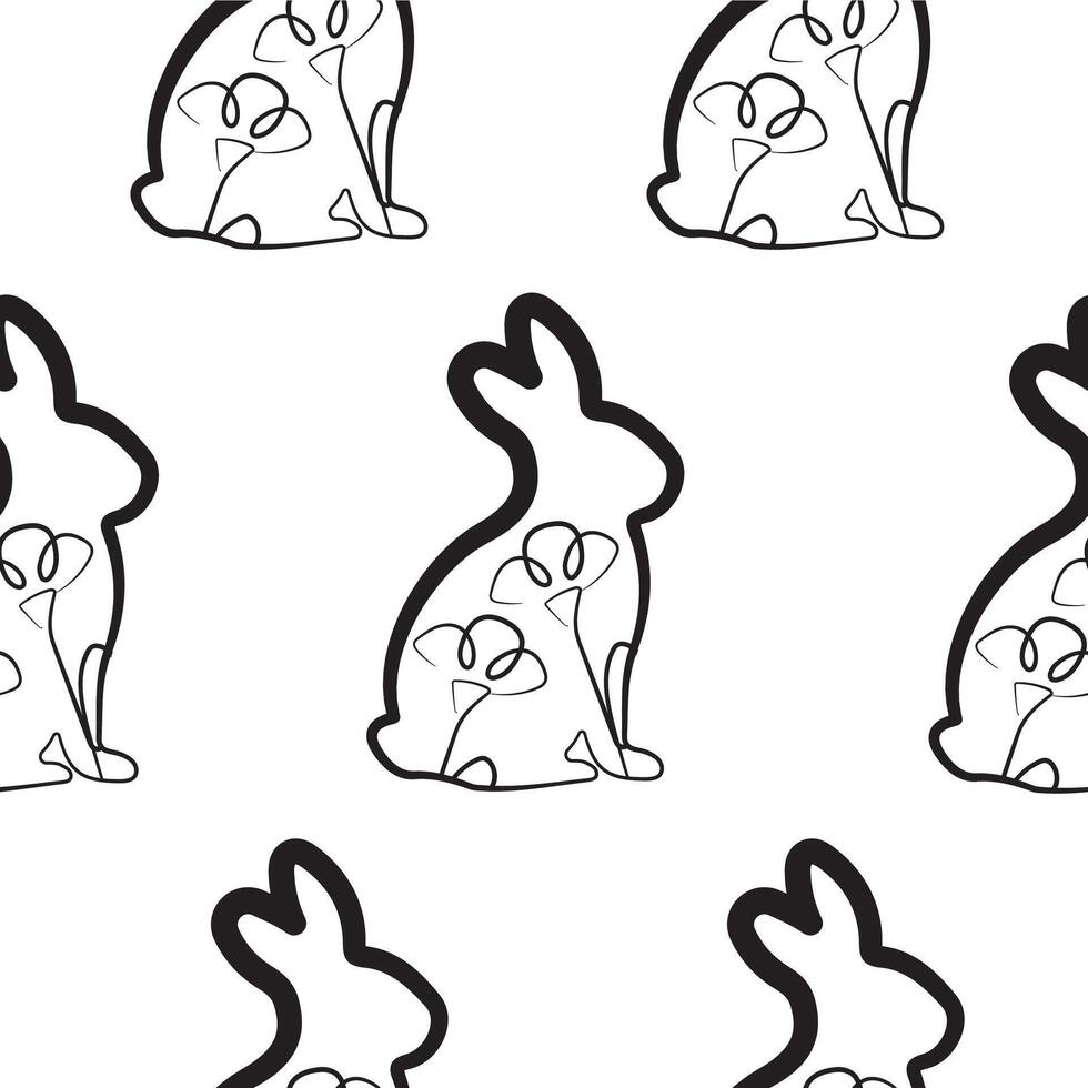 seamless pattern with an Easter bunny sitting on its hind legs and turned to the right on its paws and flower buds in line art style, for logos and various designs vector