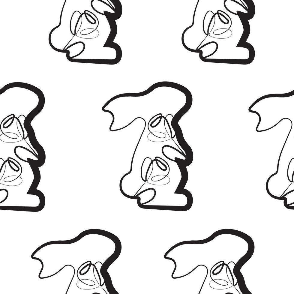 seamless pattern with an Easter bunny standing on its hind legs and turned to the right on its paws and rosebuds in line art style, for logos and various designs vector