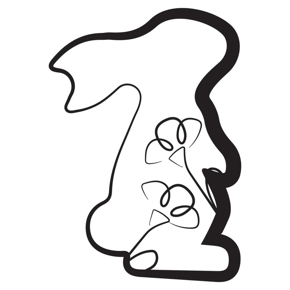 simple icon of Easter bunny standing on hind legs with flower buds in line art style drawn with original outline, for logos and various designs vector