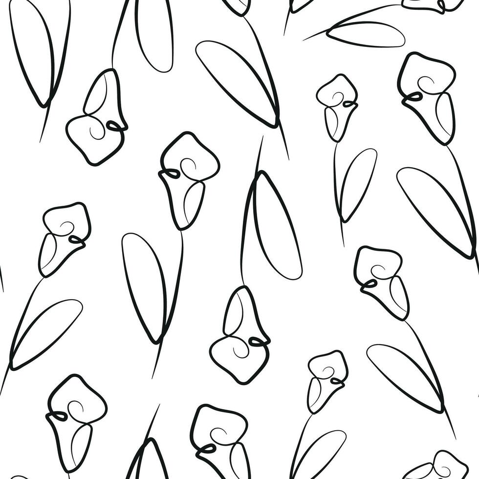 seamless pattern with calla lily flower icons from stems in line art style drawn with original outline arranged randomly, for logos, designs or ornaments vector