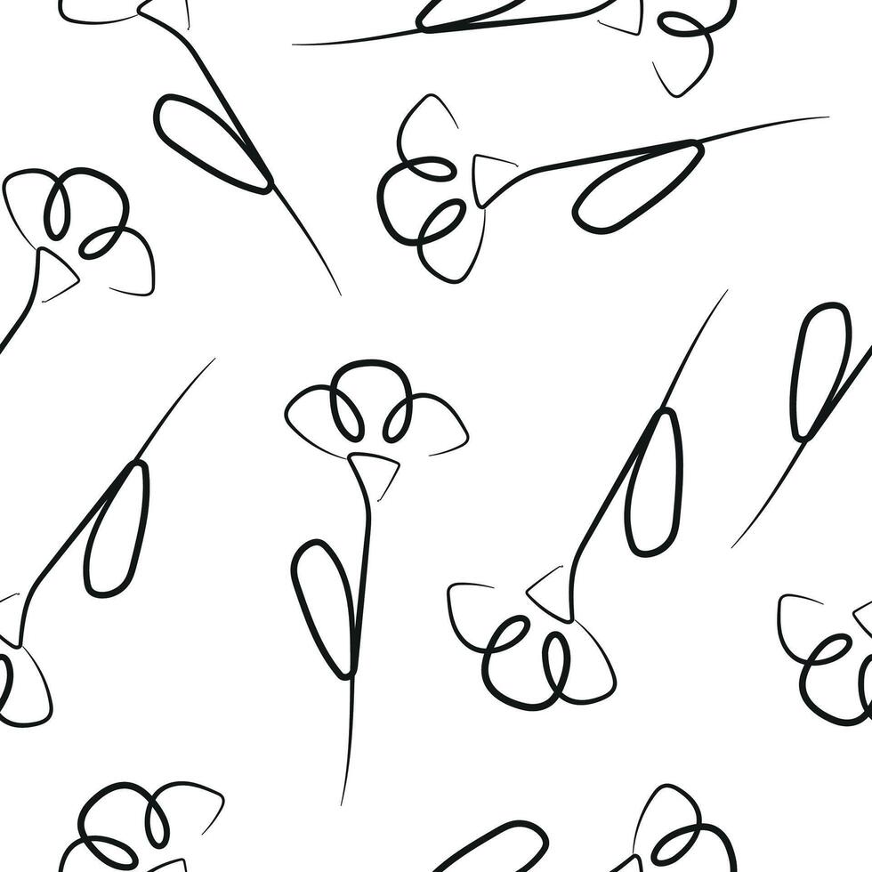 seamless pattern with carnation flower icons from stems in line art style drawn with original outline arranged randomly, for logos, designs or ornaments vector