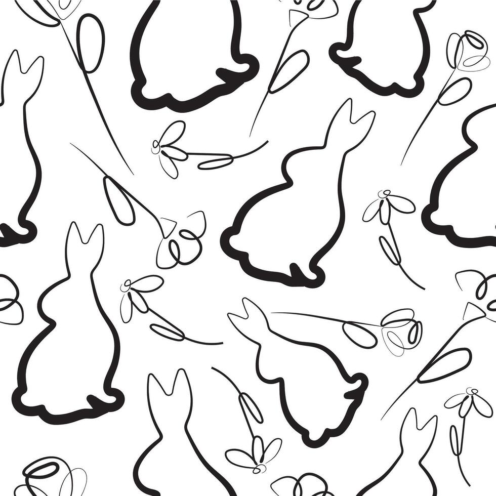 seamless pattern with Easter bunny sitting on hind legs and turned to the right side and different flowers in line art style arranged randomly, for logos and various designs vector