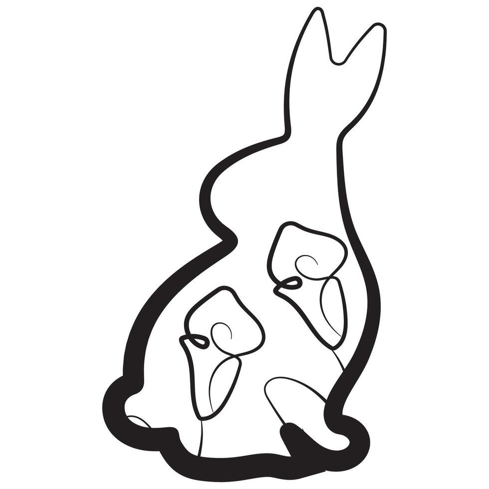 simple icon of Easter bunny sitting on hind legs and turned to right side with calla lily buds in line art style drawn with original outline, for logos and various designs vector