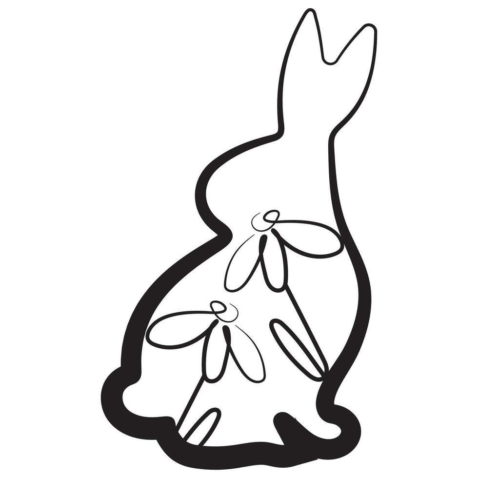 simple icon of an Easter bunny sitting on its hind legs and turned to the right side with daisy buds in line art style drawn with an original outline, for logos and various designs vector