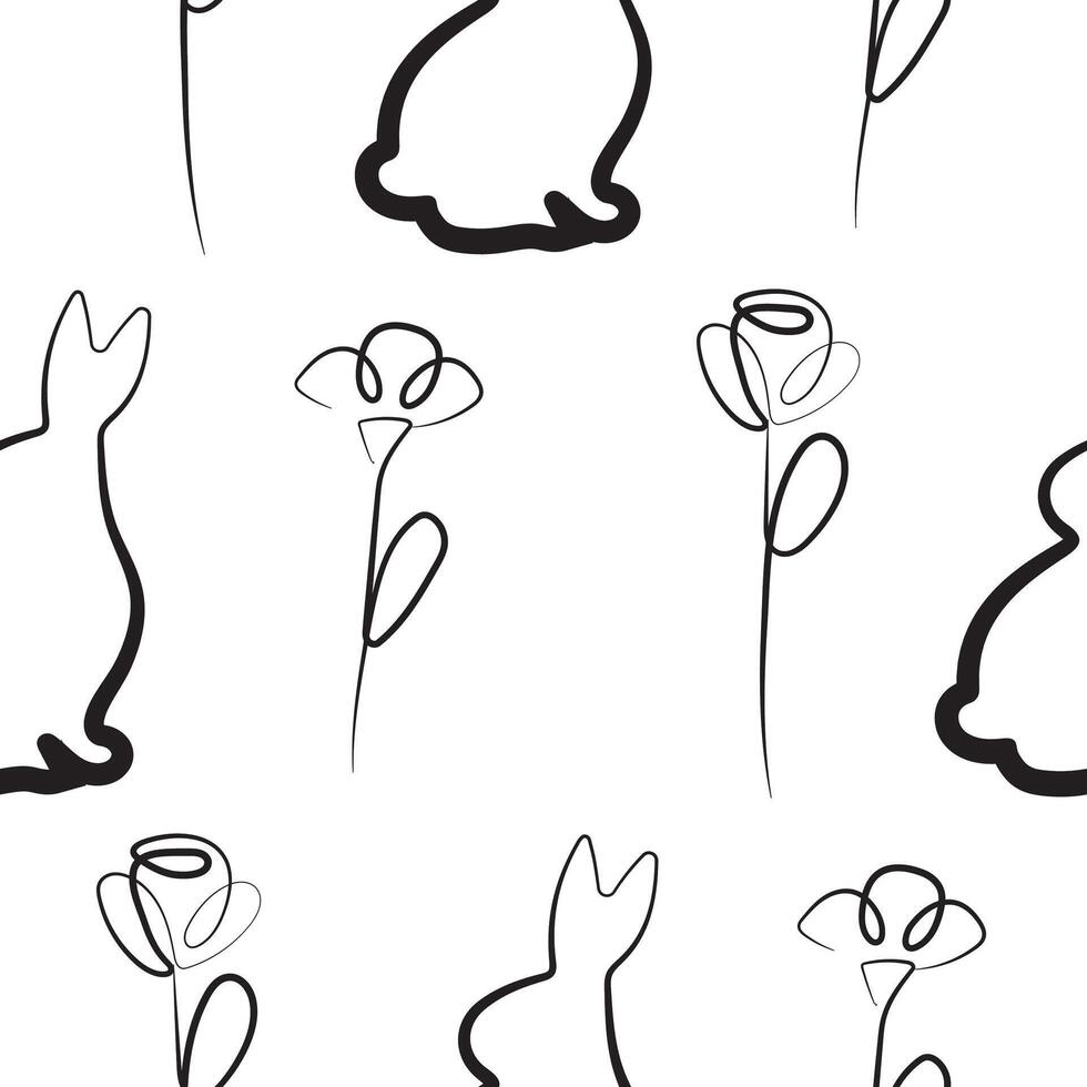 seamless pattern with Easter bunny sitting on its hind legs and turned to the right on its paws and various flowers in line art style, for logos and various designs vector