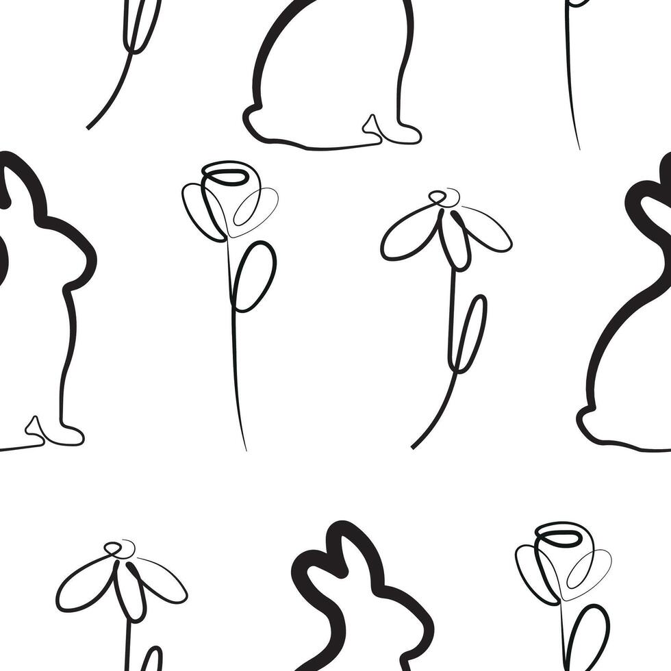 seamless pattern with easter bunny sitting on hind legs and various flowers in line art style, for logos and various designs vector