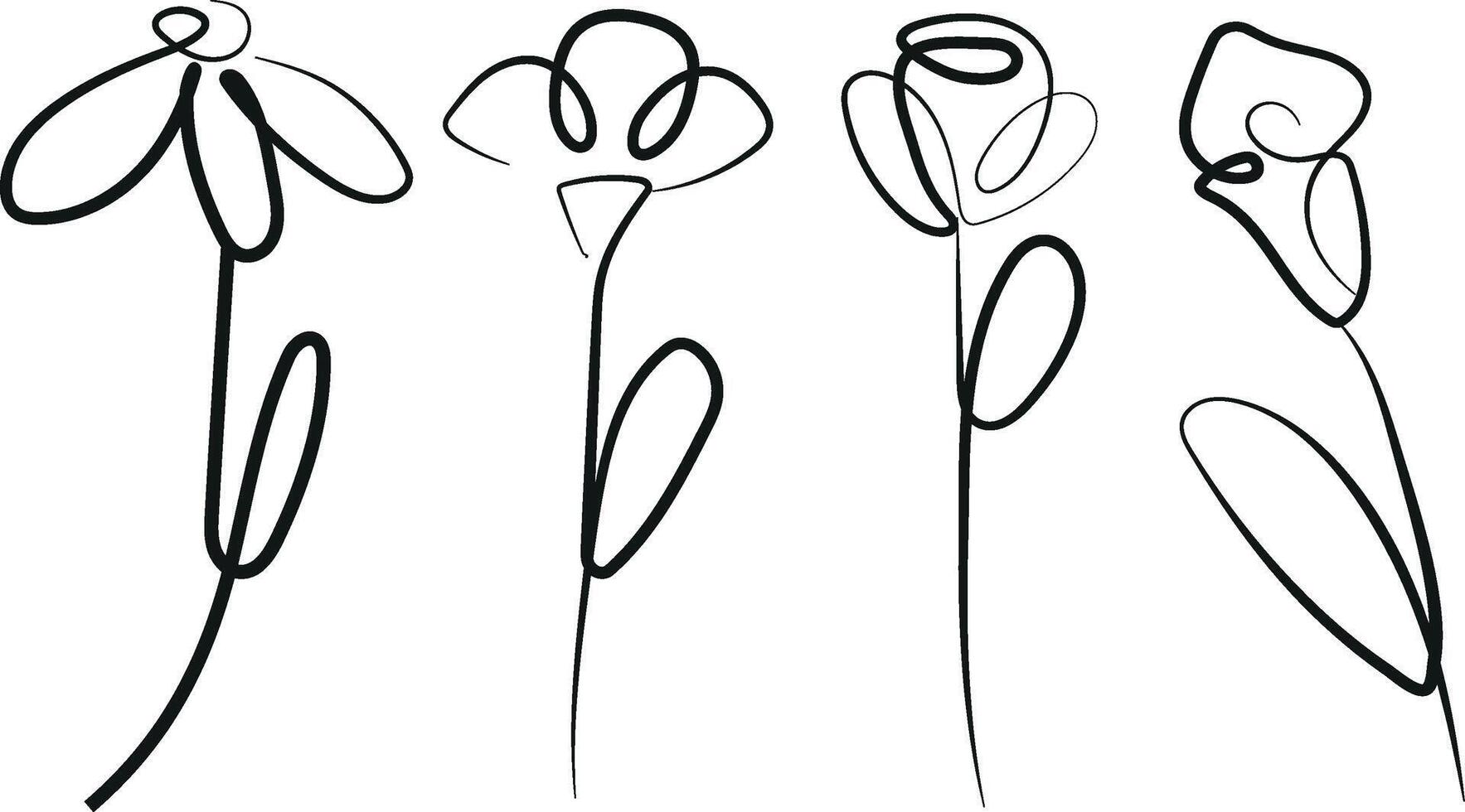set of various flowers drawn in the style of line art drawn with different contours, for logos and various designs vector