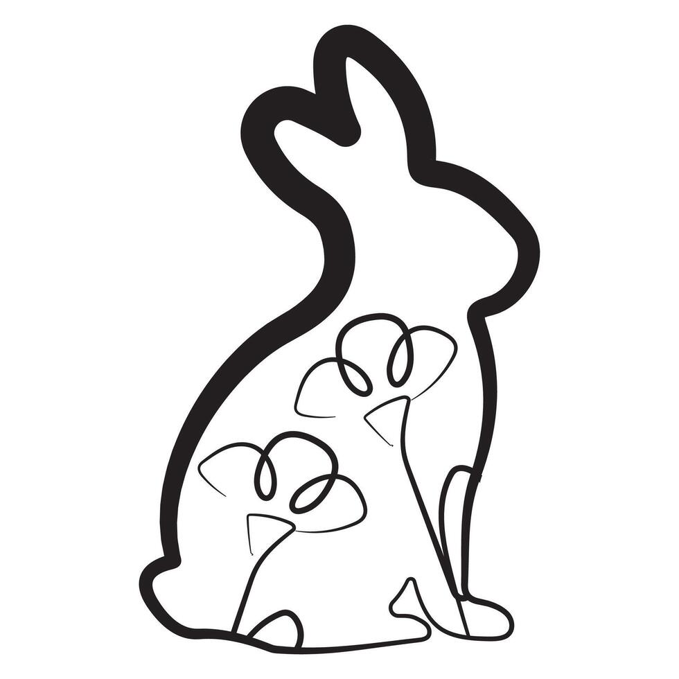 simple icon of Easter bunny sitting on hind legs with flower buds in line art style drawn with original outline, for logos and various designs vector