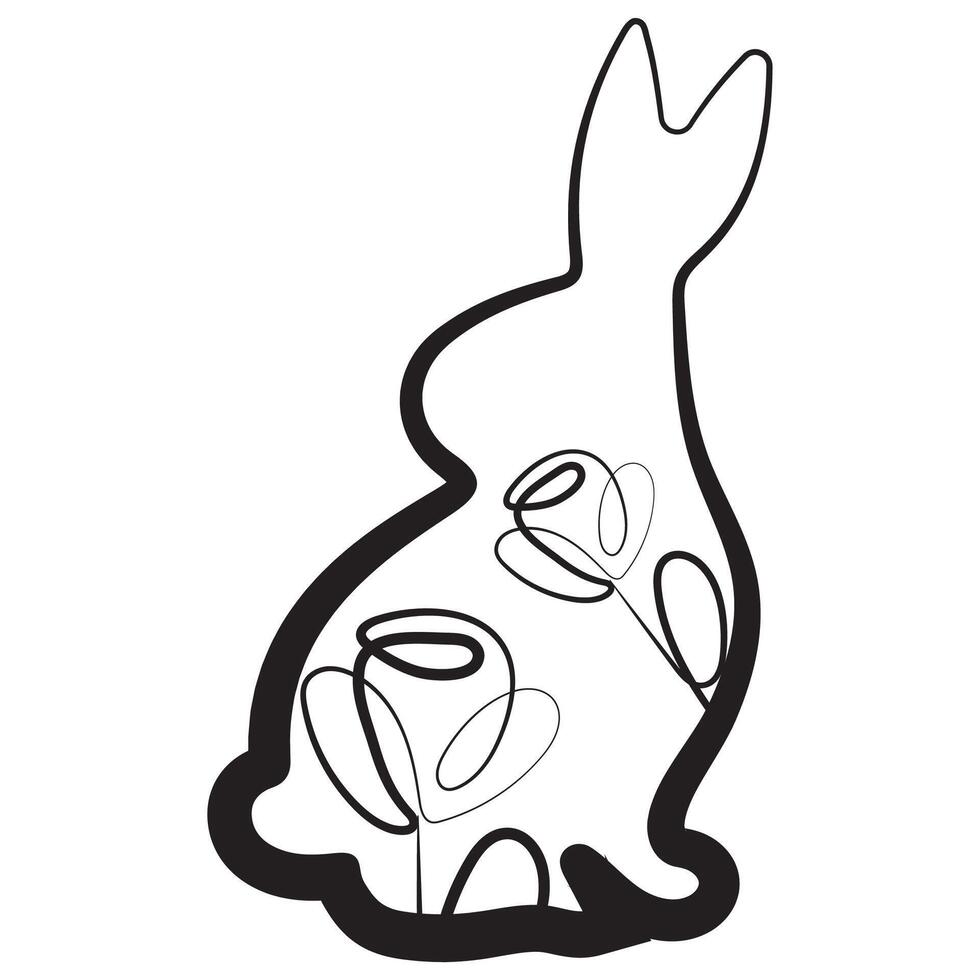 simple icon of an Easter bunny sitting on its hind legs and turned to the right side with rosebuds in line art style drawn with an original outline, for logos and various designs vector