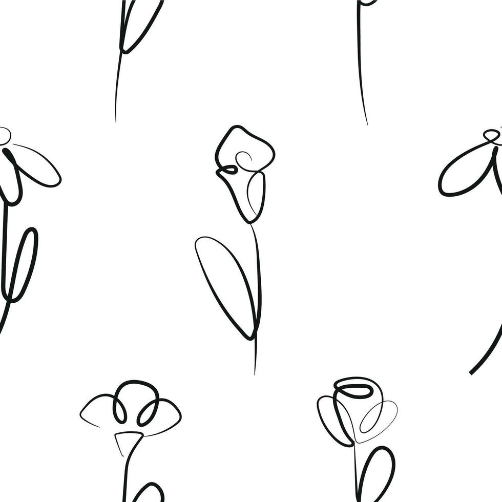 seamless pattern of various flowers drawn in line art style drawn with different outline, for logos and various designs vector