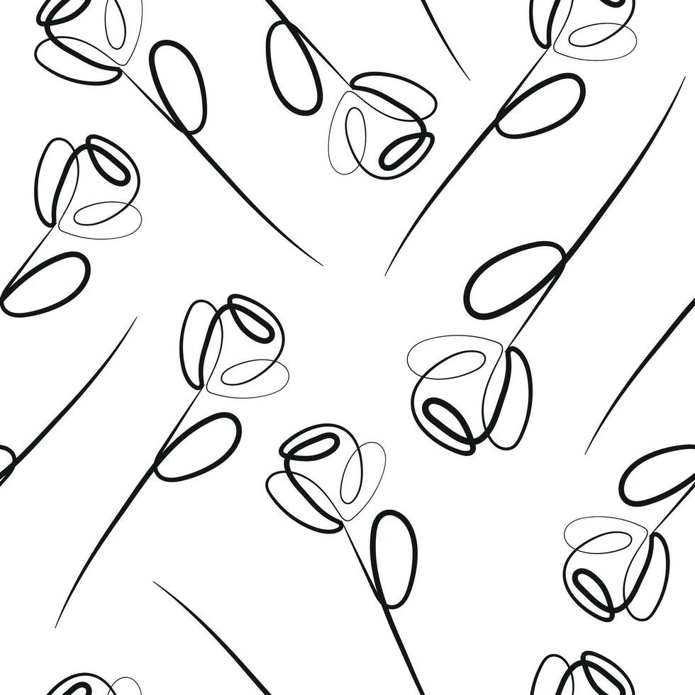 seamless pattern with rose flower icons from stems in line art style drawn with original outline arranged randomly, for logos, designs or ornaments vector