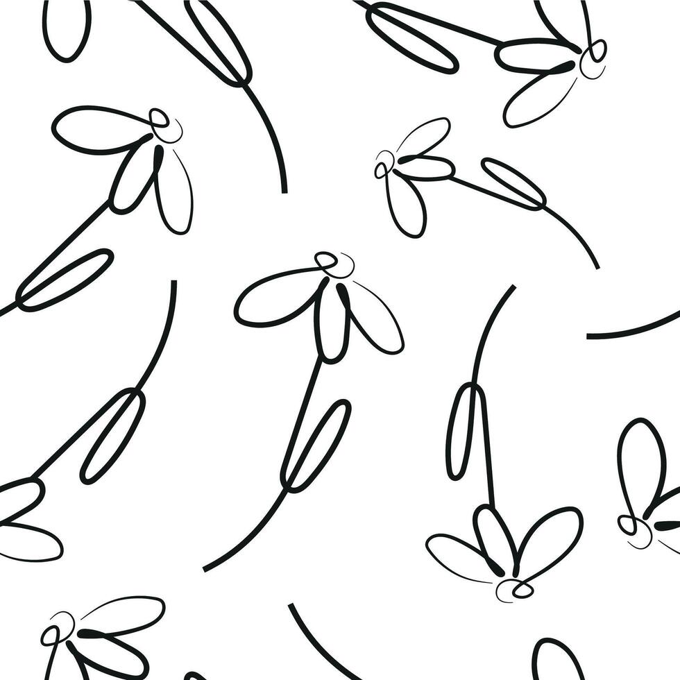 seamless pattern with daisy flower icons from stems in line art style drawn with original outline arranged randomly, for logos, designs or ornaments vector