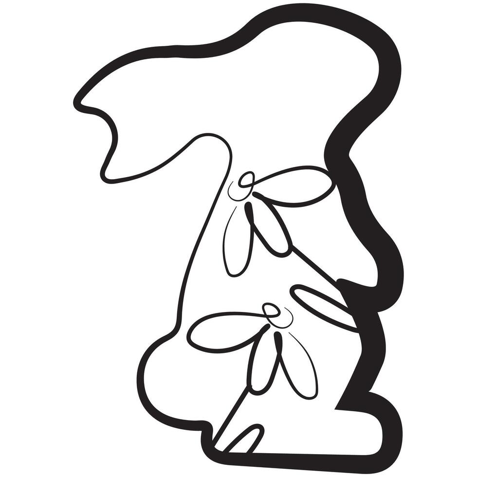 simple icon of Easter bunny standing on hind legs with chamomile buds in line art style drawn with original outline, for logos and various designs vector
