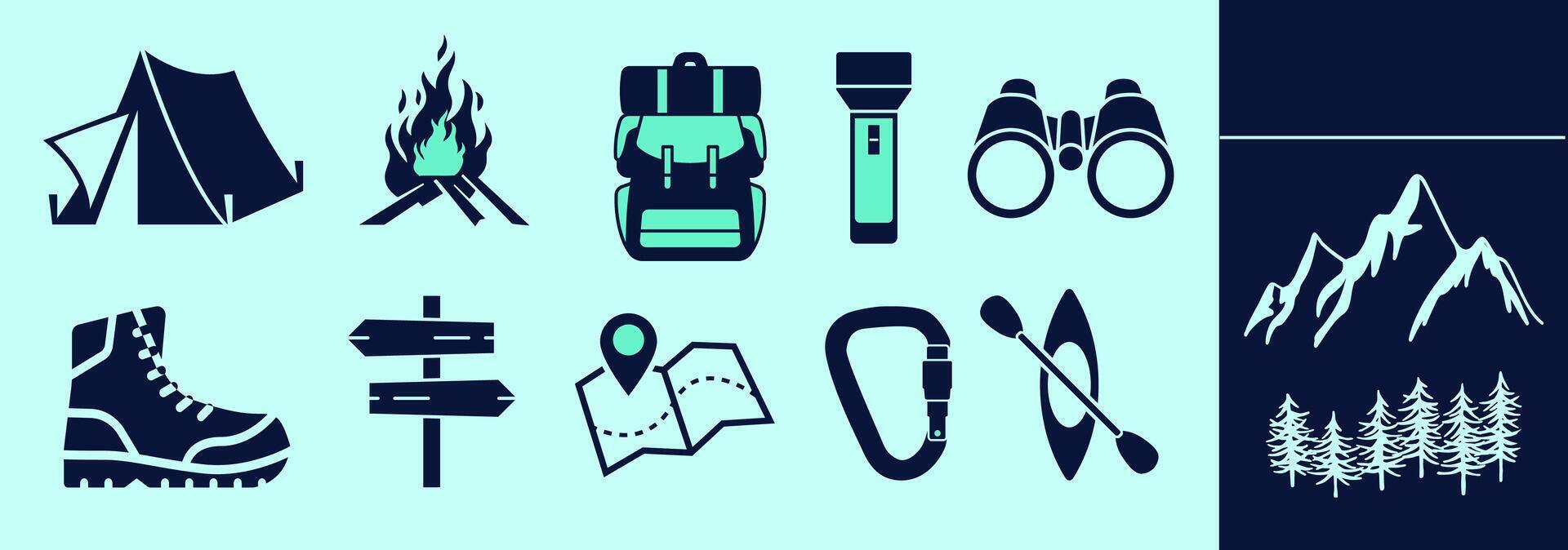 Outdoors icon set with tent, fire, backpack, flashlight, binoculars, boot, direction, map, canoe, mountains. vector
