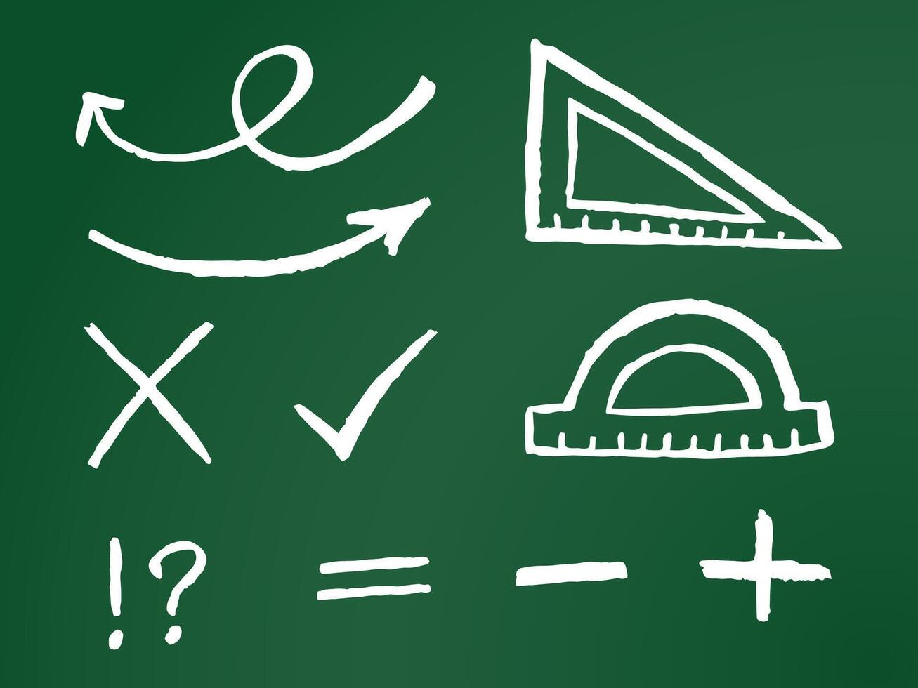 Chalk math symbols and geometric rulers on green chalkboard. Hand drawn illustration vector