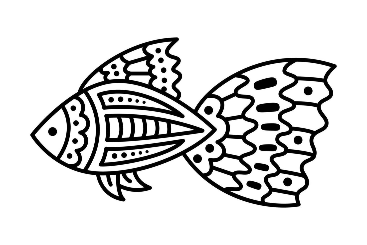 Black linear fish isolated on white background. Coloring page for kids vector