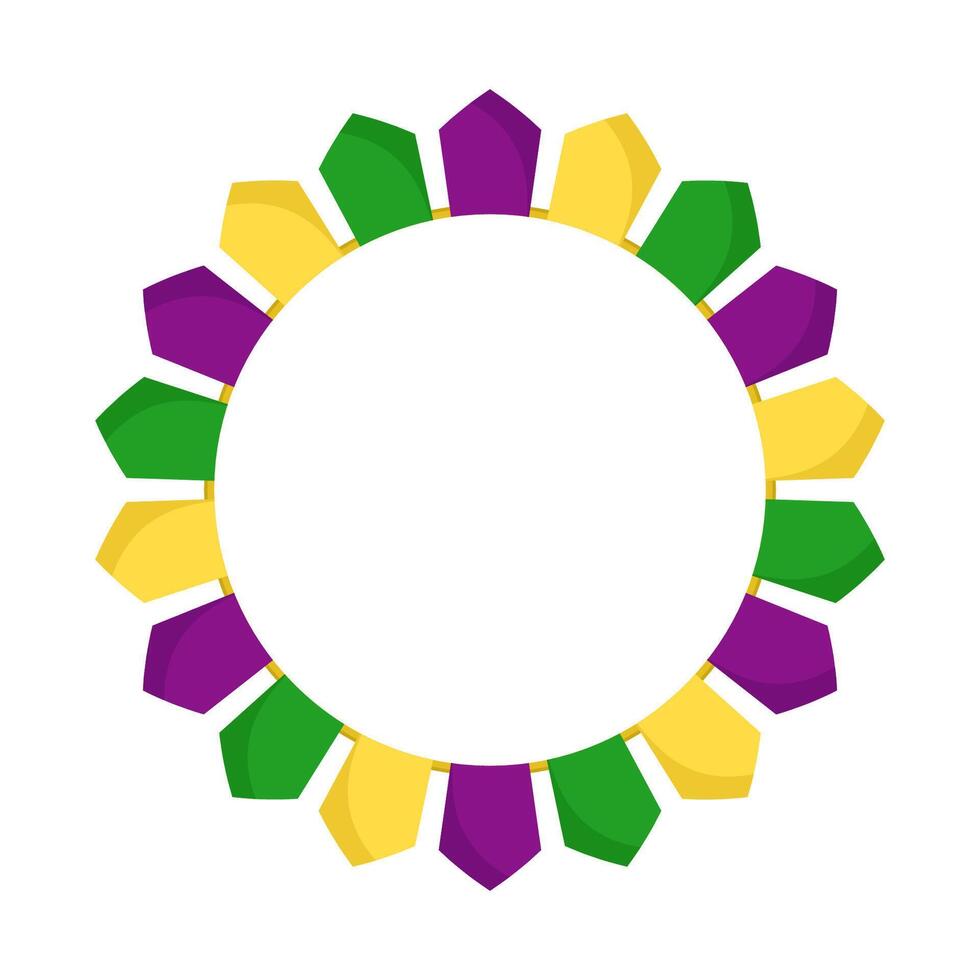 Mardi Gras circle garland frame. Purple, green and yellow flags in circles with empty space on white vector