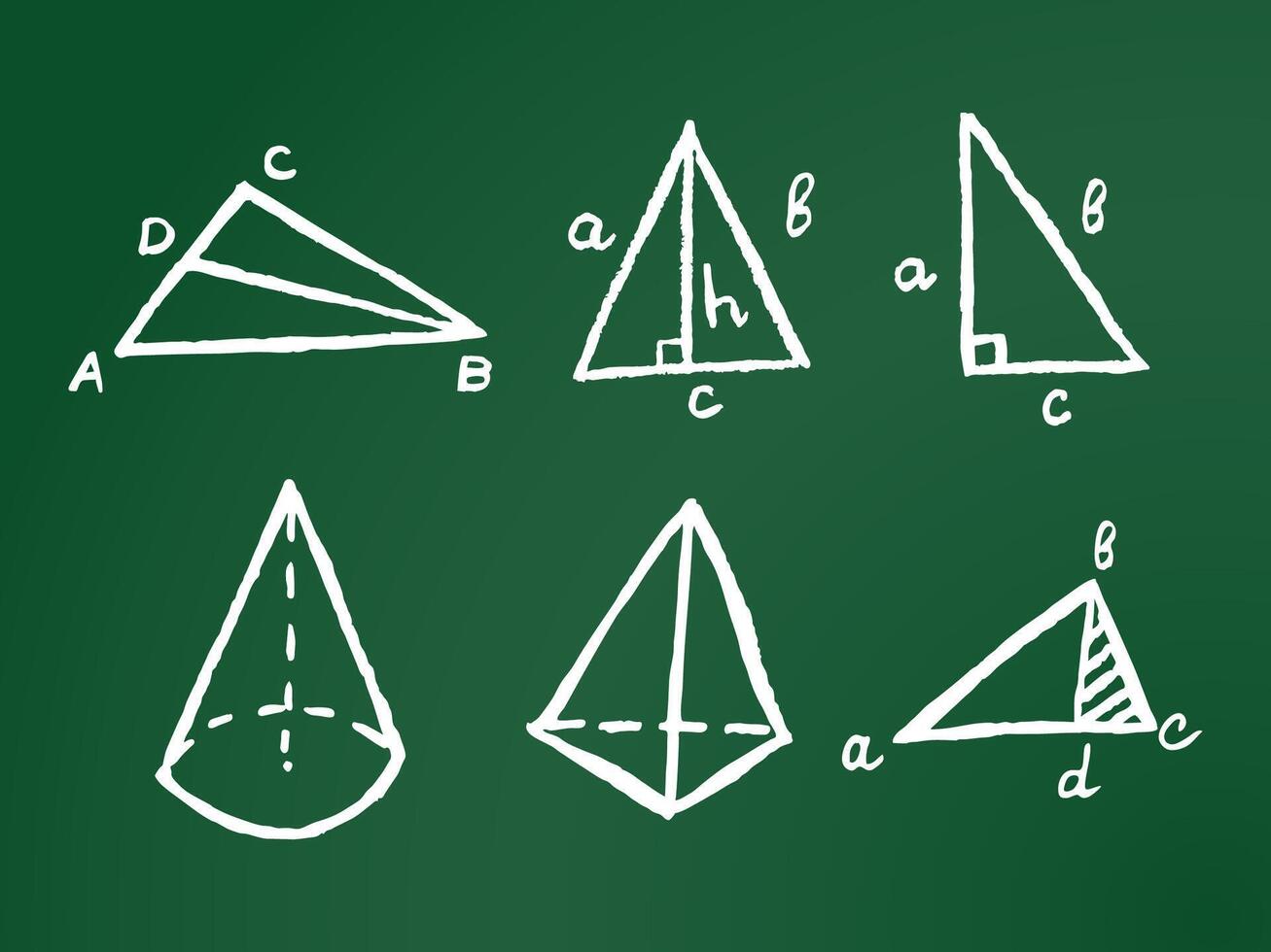 Chalk triangle formulas on green chalkboard. Hand drawn illustration vector