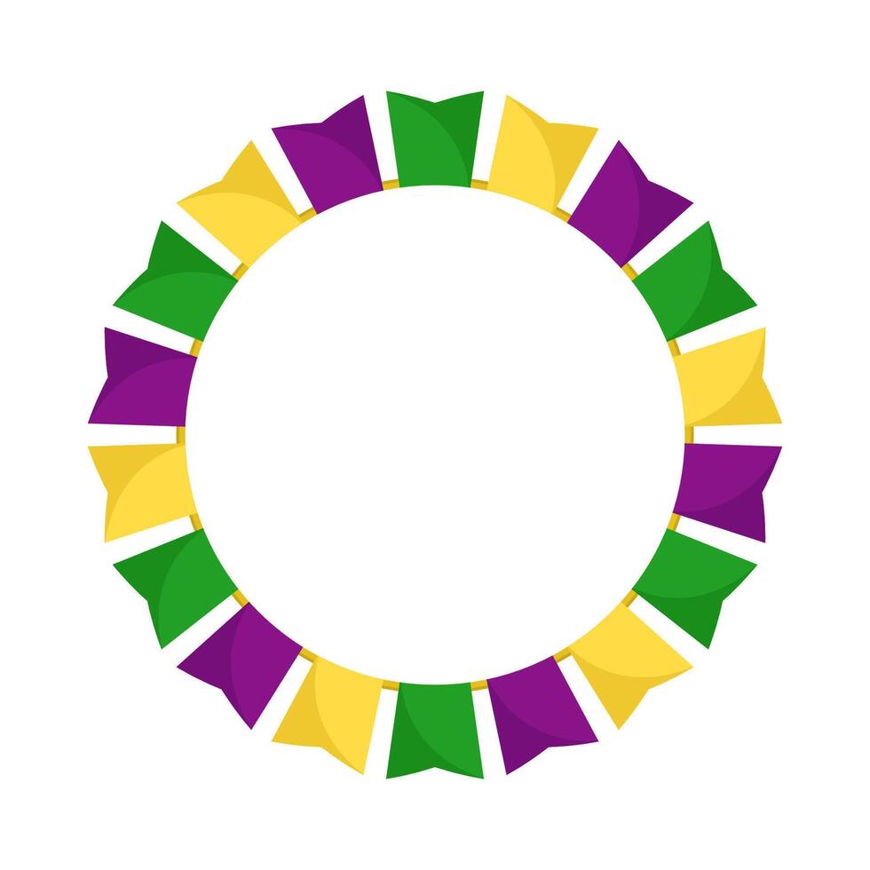 Mardi Gras circle garland frame. Purple, green and yellow flags in a round with empty space on white vector