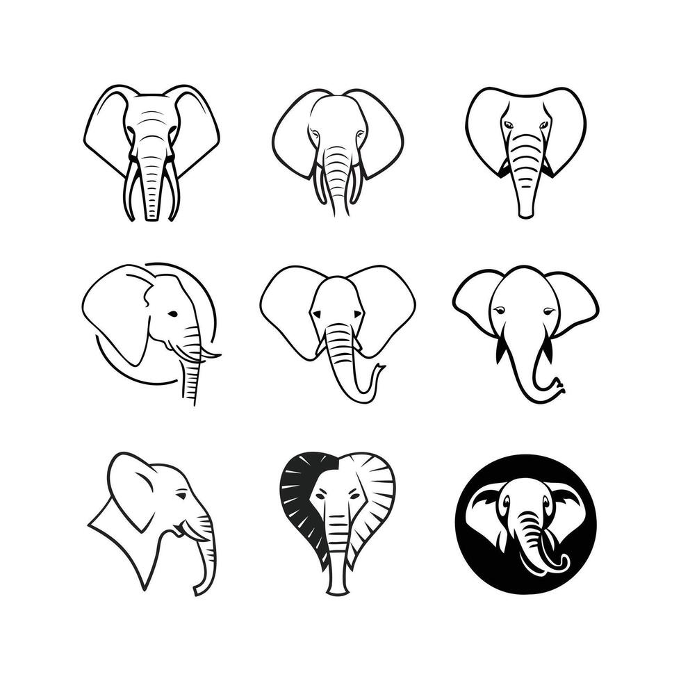 Elephant Head Line Art Icons Set. vector