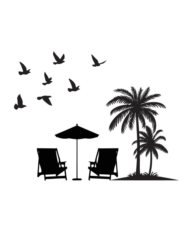 Beach Vacation Silhouette with Palm Trees and Birds. vector