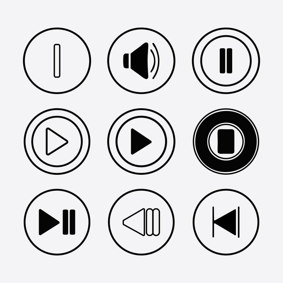 Media Control Button Icons Set in Black Outline Style. vector