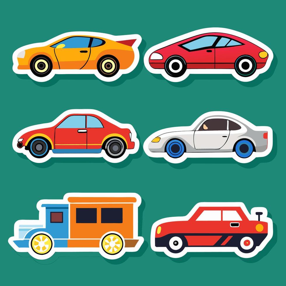 Collection of colorful cartoon car stickers on a green background vector