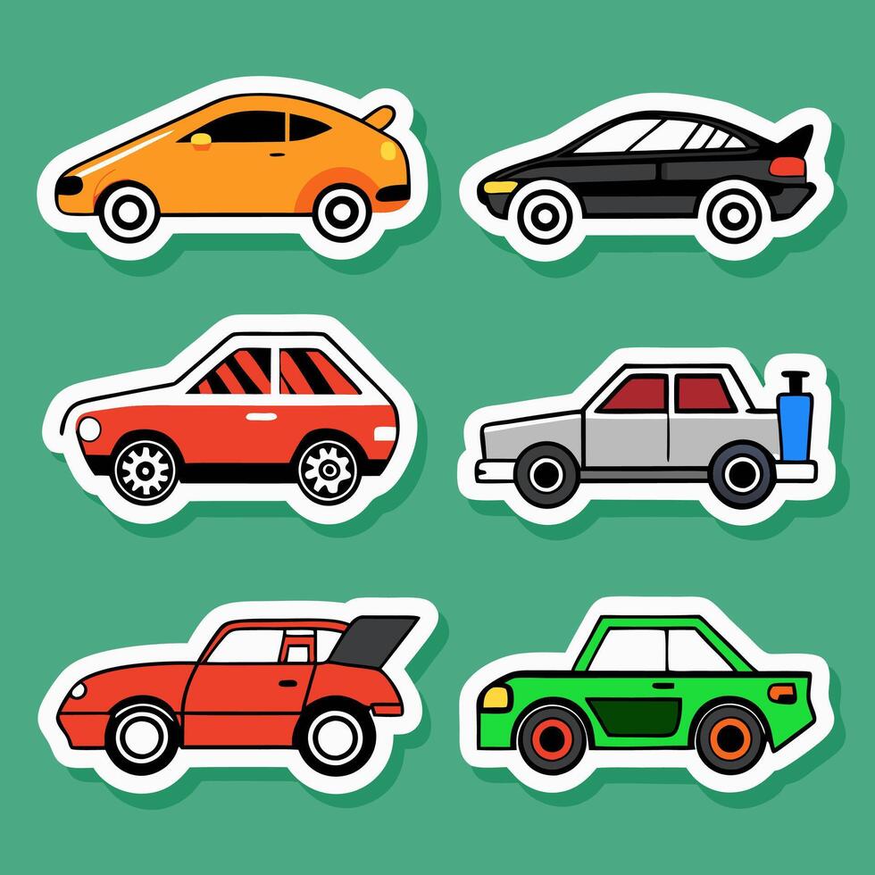Collection of cartoon car icons in various colors and designs, symbolizing transportation vector