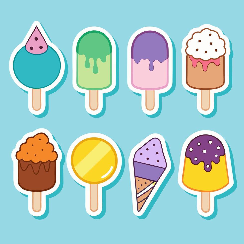 Collection of colorful and fun ice cream stickers on a bright background vector