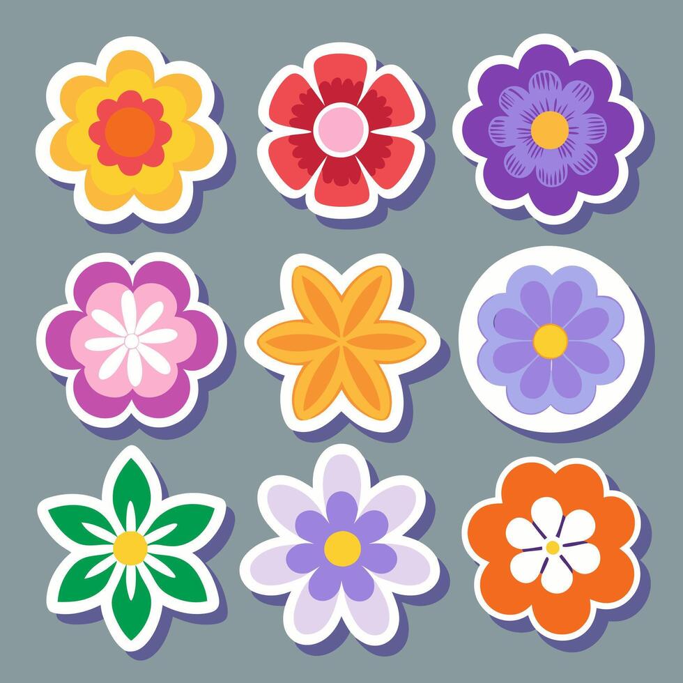 A Vibrant Collection of Retro-Styled Flower Stickers with Bold Colors vector