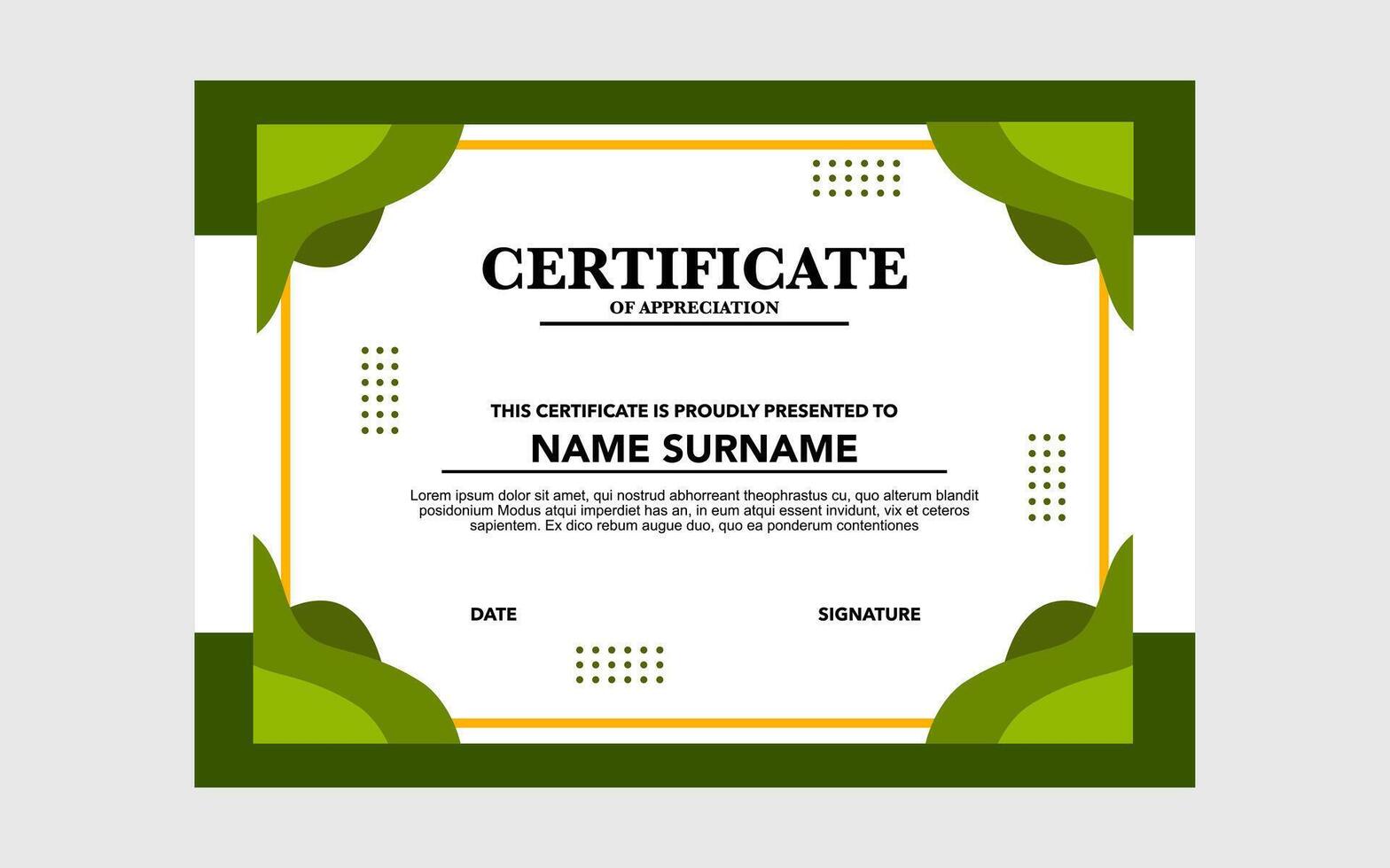 certificate template design with green and white color for awards and appreciation. vector