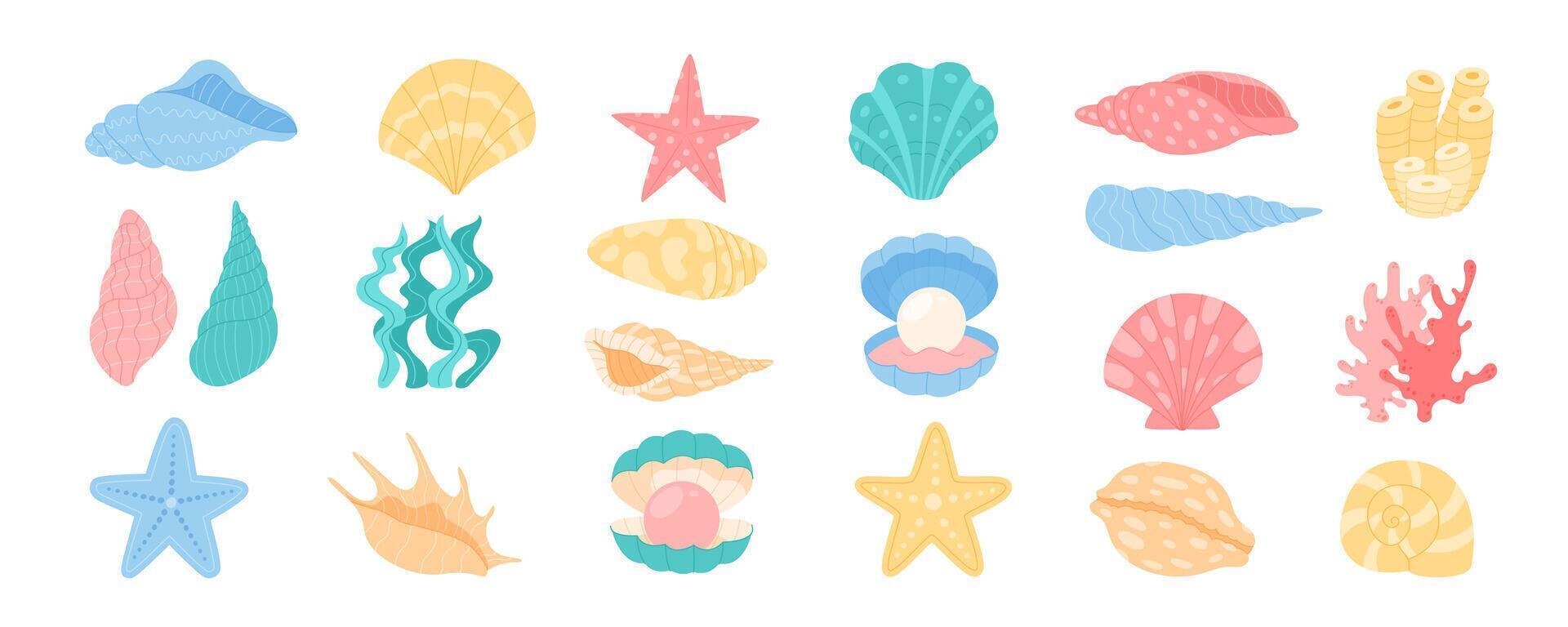 Illustration set of colorful shells and coral. Cartoon seashells with marine life forms and underwater designs. Varied ocean elements, including vibrant aquatic icons. vector