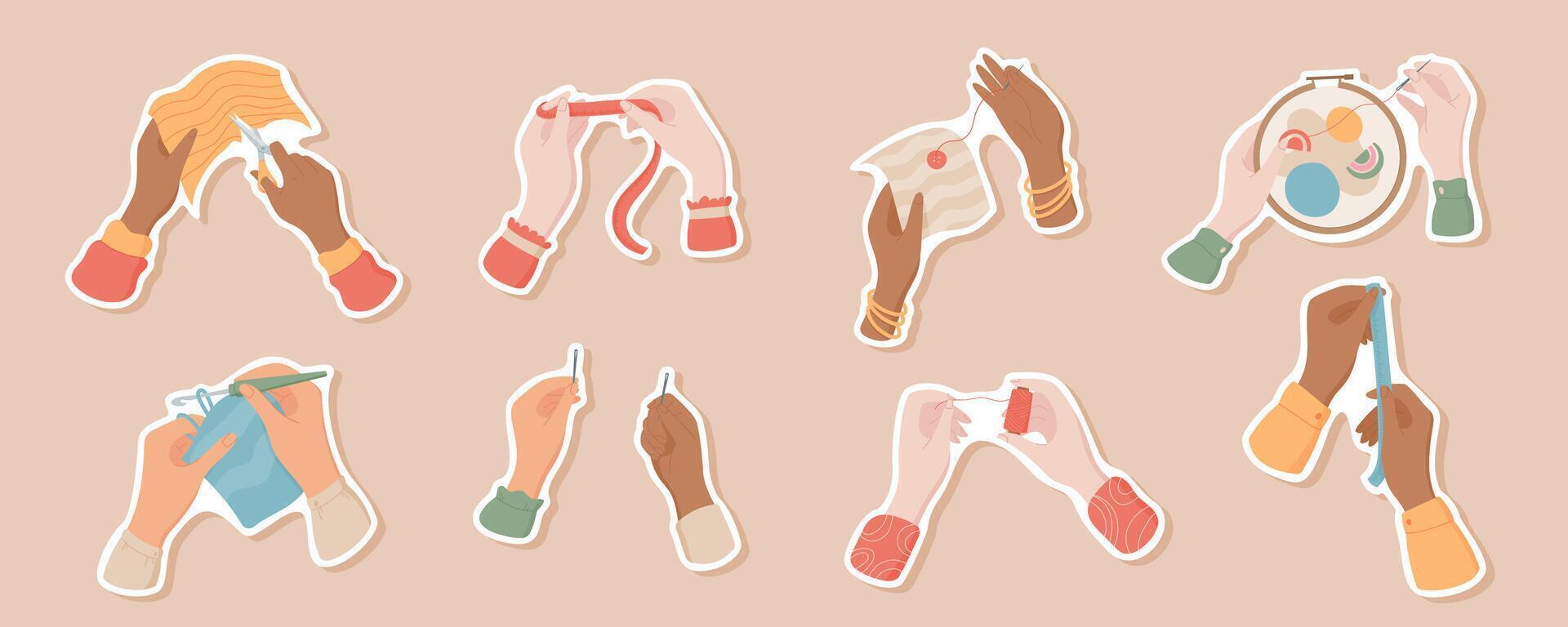 Sticker set of various hands sewing and tailoring. Different hand holds thread, needle, and thread spool, depicting activities like sew, embroidery, and craft. Perfect for tailor and sewing themes. vector