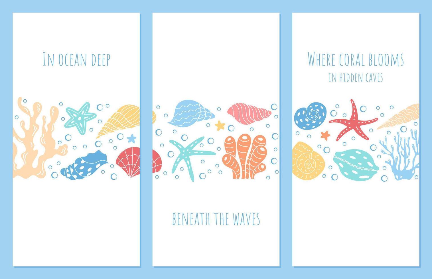 Explore ocean depths with blooming coral reefs flyer set. Featuring aquatic creatures and marine flora, the design showcases underwater sea life in a colorful, vibrant setting. vector
