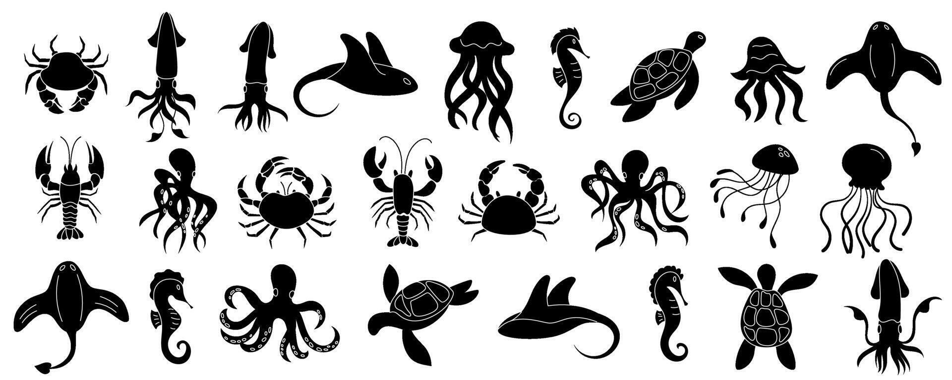 Black silhouette illustrations of various underwater animals. Featuring aquatic life like fish, jellyfish, octopus, crab, shark, and sea. Isolated elements in marine world. vector