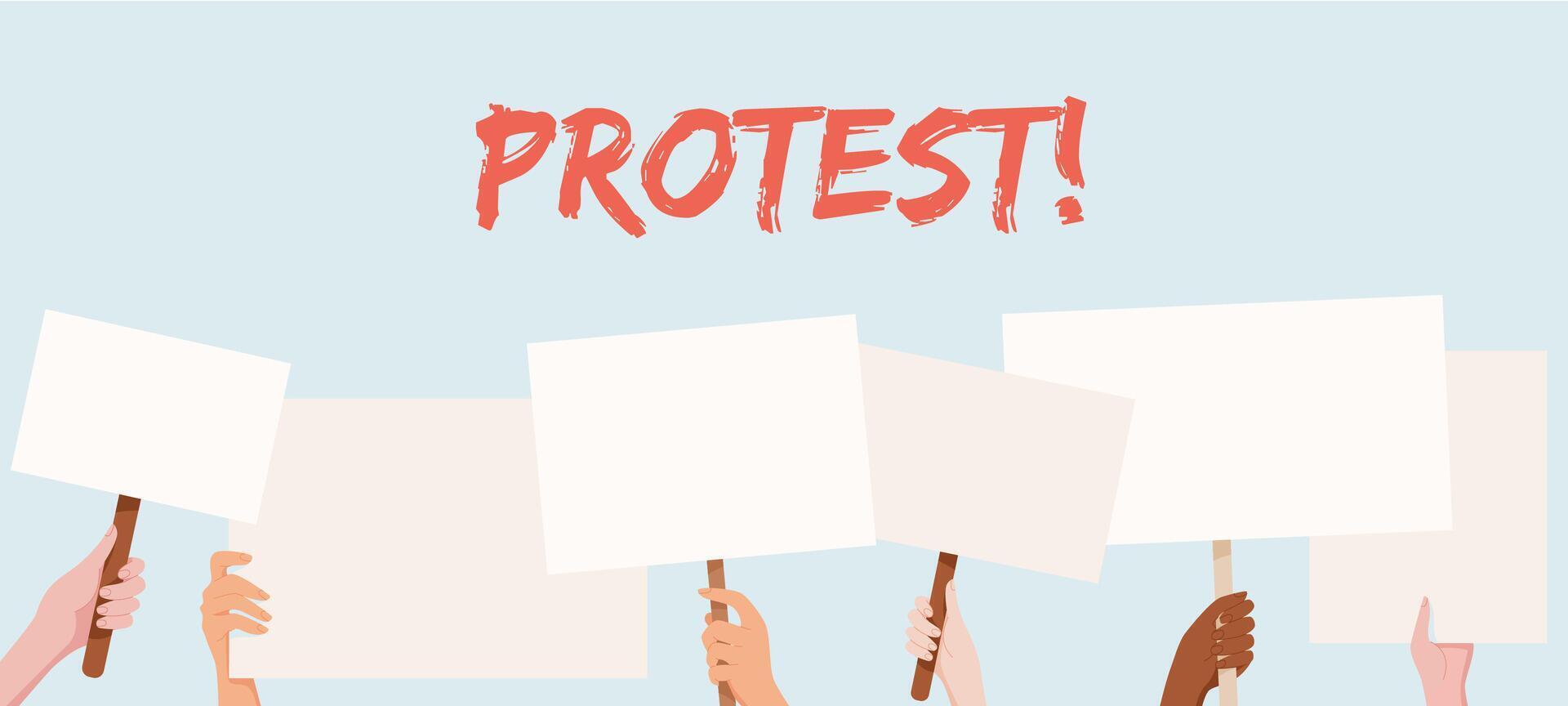 Hands hold blank protest signs beneath a large PROTEST headline. This template demonstrates people united in solidarity, showcasing community support and collective strength in their demonstration. vector