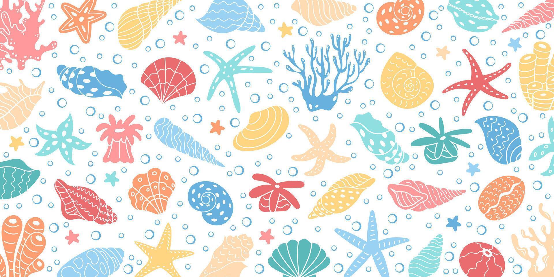 Bright background pattern with underwater marine life. Includes coral, seashells, and aquatic creatures. Perfect for kids designs, summer themes, and marine graphics. vector