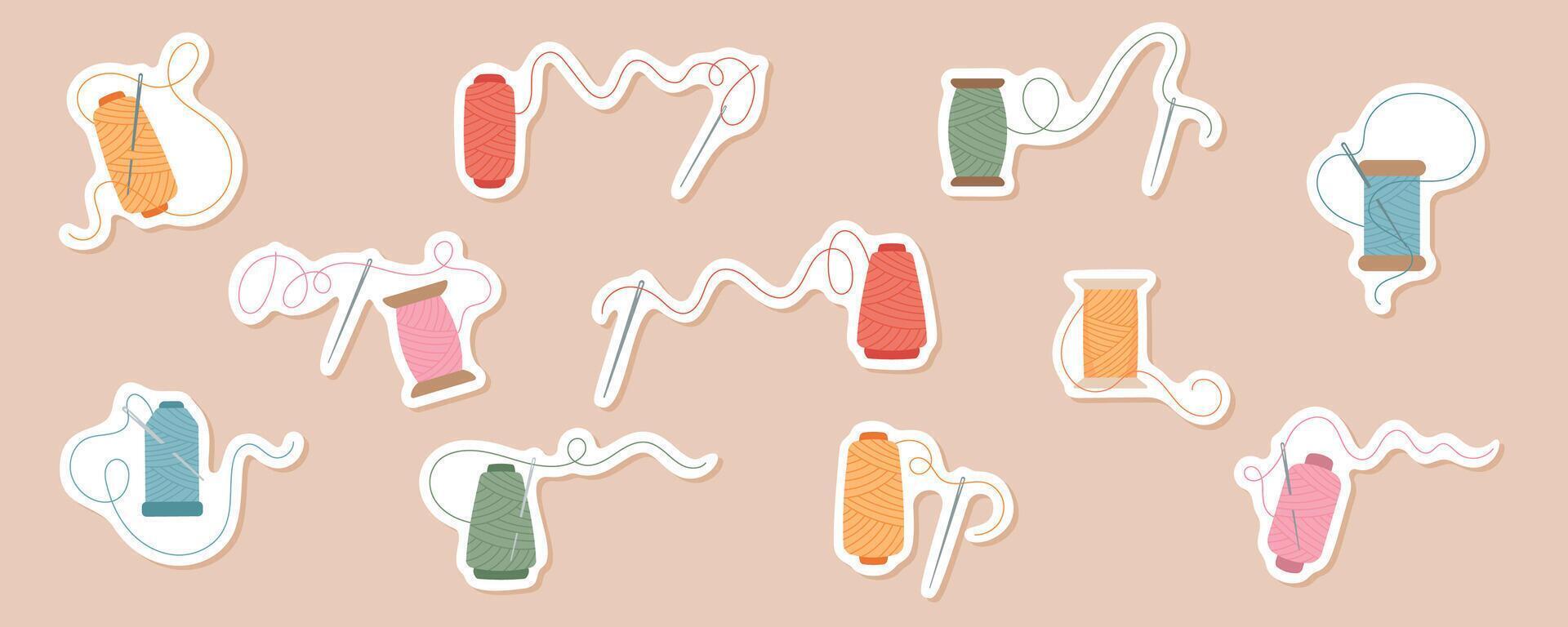 A set of sewing stickers depicting thread, spool and needle icons in various colors. The illustrations include tailors tools like thread, needles, and bobbins in cute, cartoon designs. vector