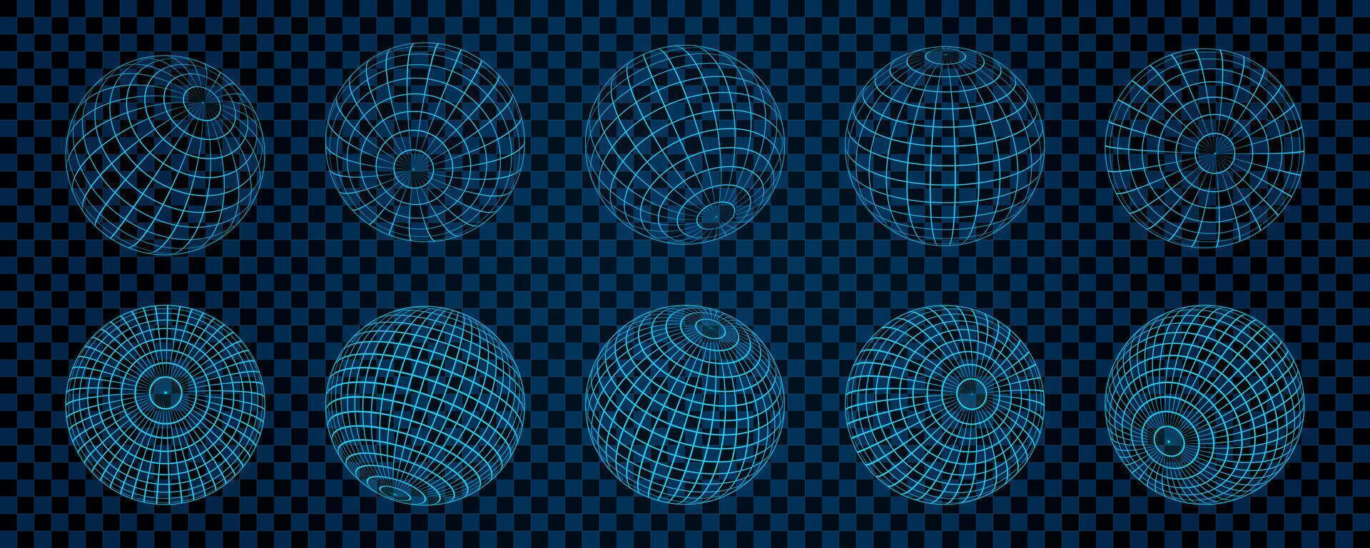 A series of 3D wireframe mesh spheres displayed on a checkered grid background. The abstract geometric globe shapes in a retro Y2K aesthetic, blending futuristic and digital design elements. vector